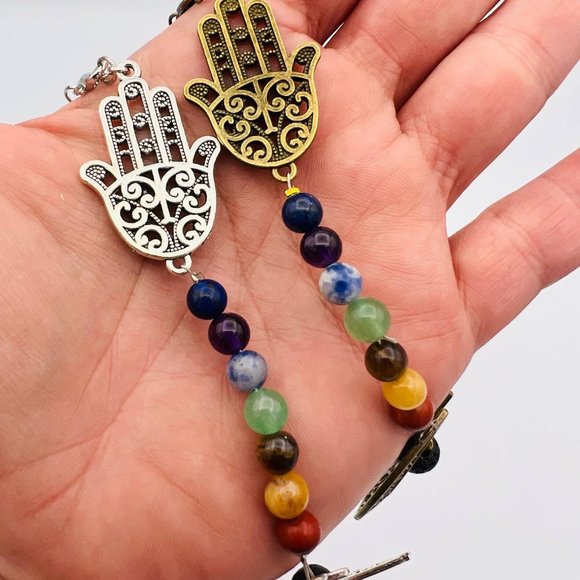 Handmade 7 Chakra Car Ornament Charm Moon Hamsa Natural Stone Protection Balance - Picture 6 of 11